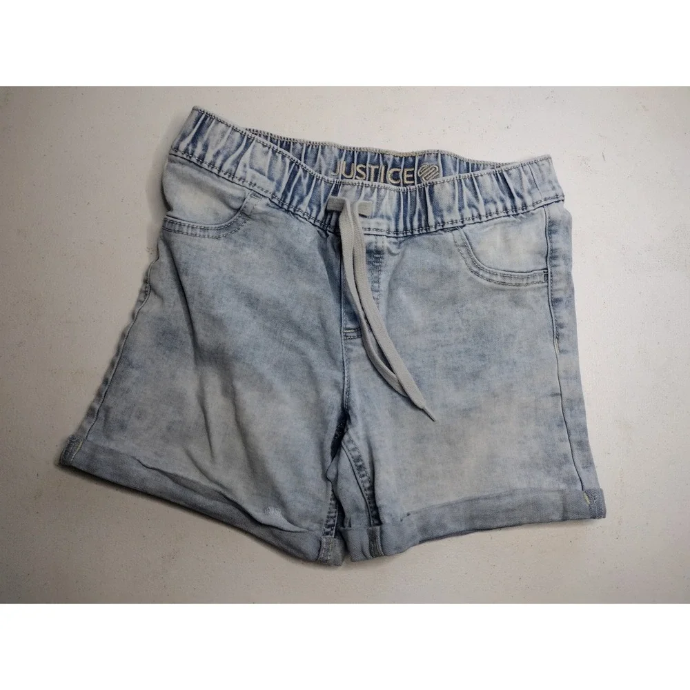 Justice Kids Girls Light Wash Denim Shorts Elastic Waist‎ Drawstring Size 12